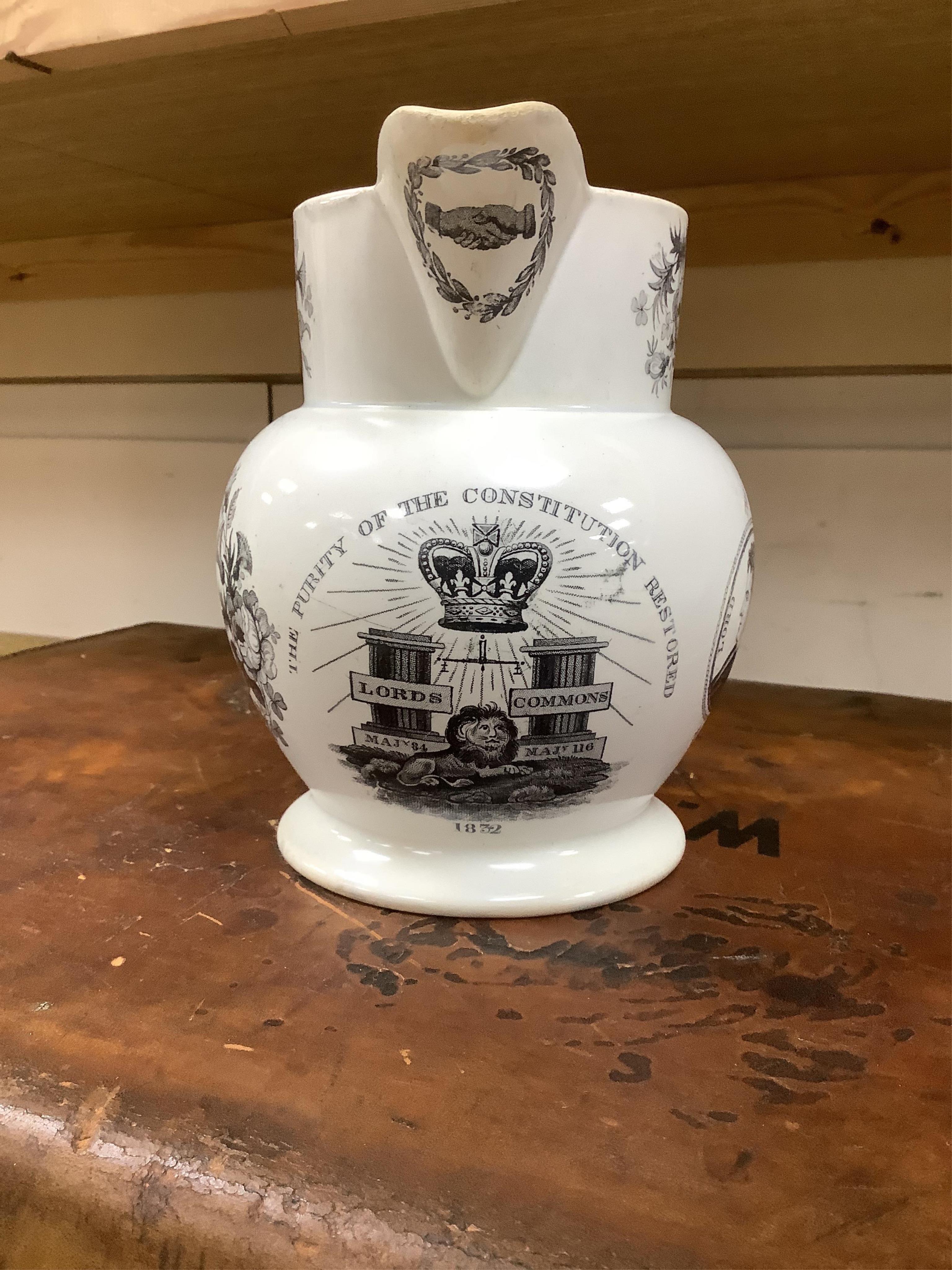 Six contemporary political themed earthenware pottery jugs and a pedestal bowl commemorating the 1832 Reform Bill, with transfer printed symbolic scenes of the Houses of Parliament, details regarding the voting, portrait